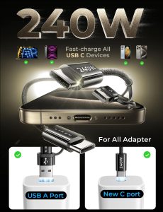 2-Pk 6.6′ LISEN 240W USB-C to USB-C Charge Cable