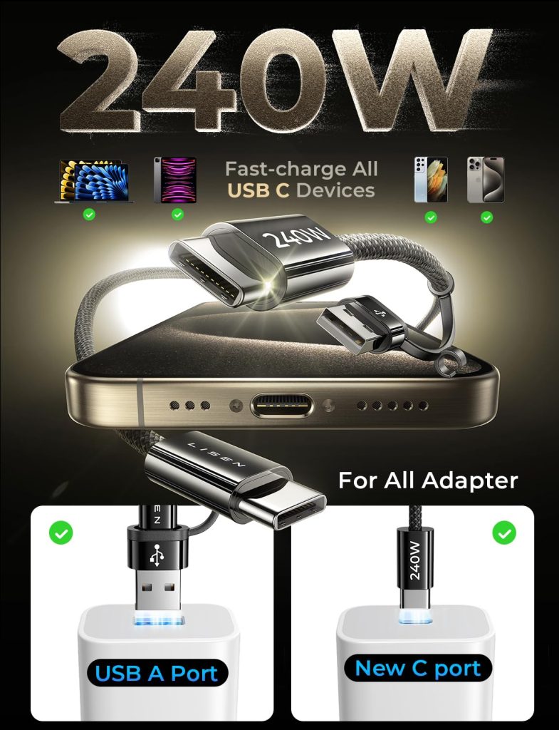 2-Pk 6.6′ LISEN 240W USB-C to USB-C Charge Cable